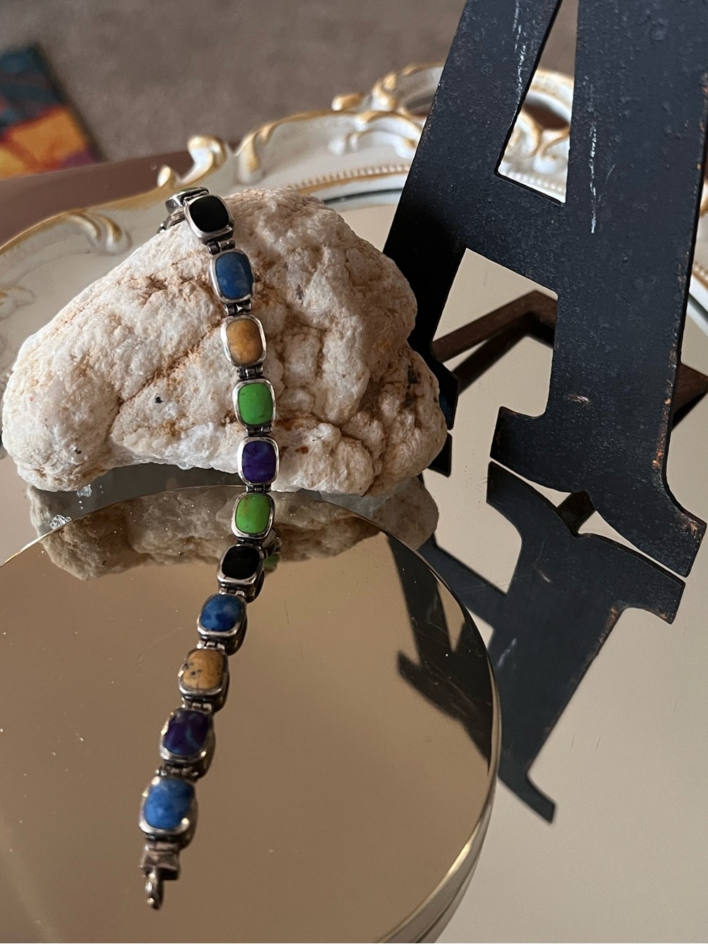 Mexican Sterling Silver Multi-Stone Link Bracelet